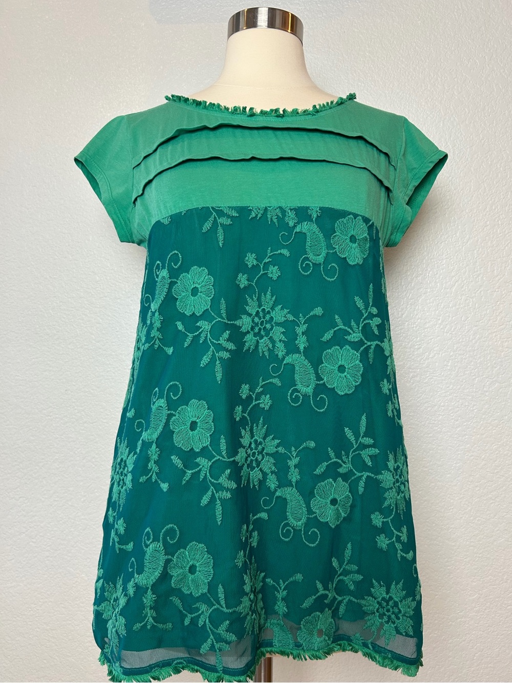 Daniel & Mayer Baby Doll Top Womens M Green Lined Embroidered Lace Made In Italy